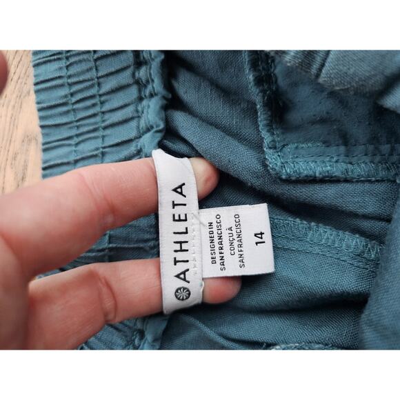 Athleta Women's 14 Playa Linen Borealis Turquoise Wide Leg Crop Pants Resortwear - Picture 6 of 8